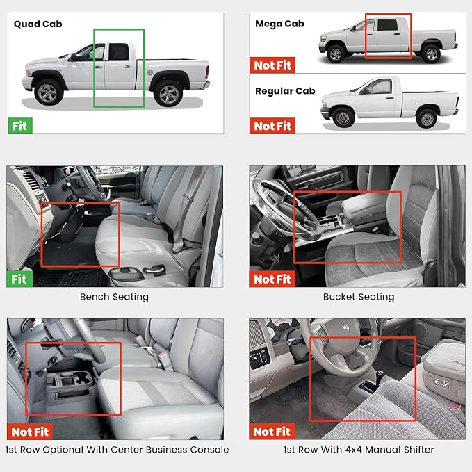 LASFIT Floor Mats for 2002-2008 Dodge Ram 1500 Quad Cab, 2003-2009 for 2500/3500 Bench Seating, Not Fit Have 4X4 Shifter, All Weather TPE Custom Fit Car Mats Floor Liners 1st & 2nd Row, Black