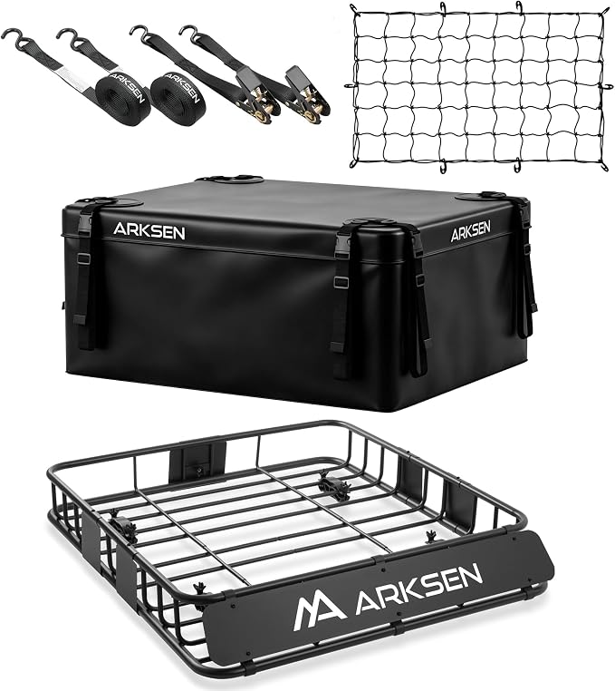 ARKSEN 43" x 39" x 6" Roof Rack Basket with Extension, Waterproof Cargo Bag, Net & Ratchet Straps, 150 lb Heavy-Duty Steel Cargo Carrier, Fits Crossbars up to 1.38" Thick, for SUV & Pickup Truck