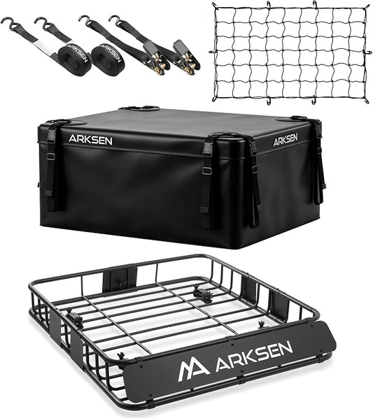 ARKSEN 43" x 39" x 6" Roof Rack Basket with Extension, Waterproof Cargo Bag, Net & Ratchet Straps, 150 lb Heavy-Duty Steel Cargo Carrier, Fits Crossbars up to 1.38" Thick, for SUV & Pickup Truck