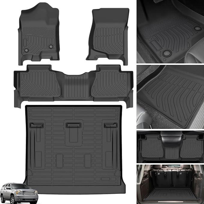Floor Mats for 2007-2014 Chevrolet Tahoe & GMC Yukon Bench (NOT fit Yukon XL or Hybrid), 8 Seats, TPE All Weather Floor Liners for Chevy Tahoe Floor Mats, Non-Slip Waterproof Cargo Liner