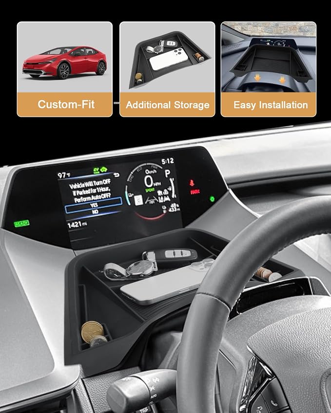ECOZEN Dash Console Organizer For 2023-2026 Toyota Prius - Dashboard Storage Tray Behind Steering Wheel Center Console Organizer - 2023 2024 2025 2026 Prius Interior Accessories