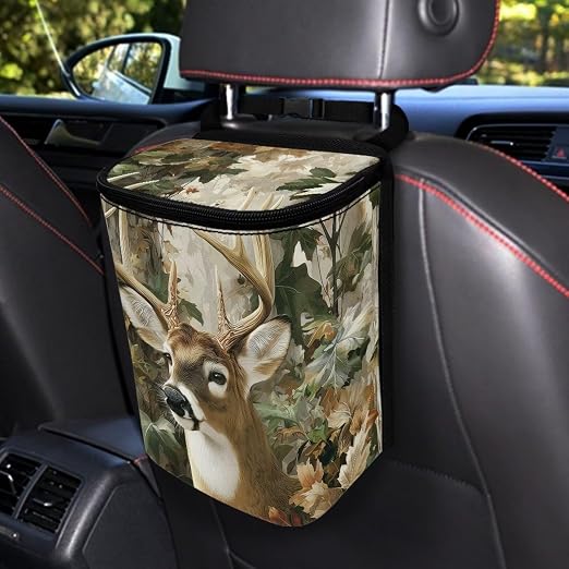 Talayituse Forest Elk Hunting Camo Print Car Trash Can with Lid, Leak Proof Auto Trash Bag Hanging Vehicle Garbage Can Multipurpose Storage Container for Back Seat Road Trip