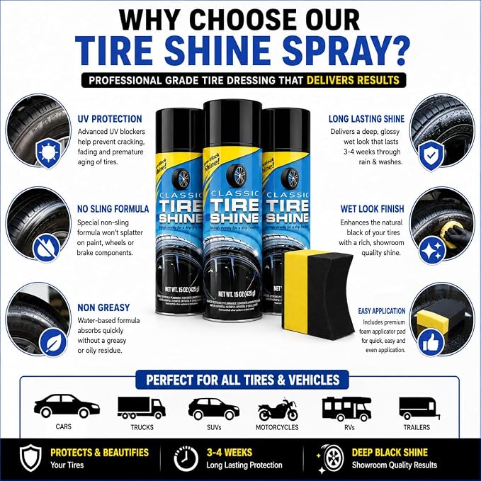Tire Shine Spray 3 Pack High Gloss Wet Look UV Protection 15oz w/Pad | Professional-grade formula resists water and rain. Safe for all rubber types. Prevents cracking and fading from sun damage.