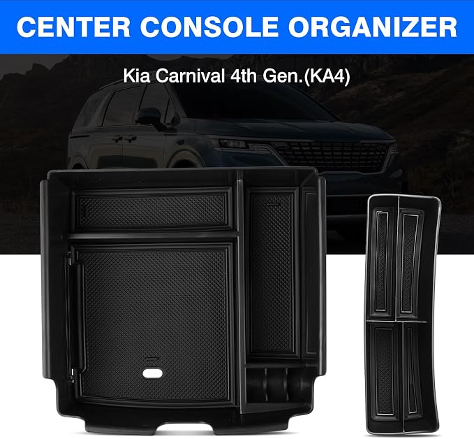 Autorder 2PCS Center Console Organizer for Kia Carnival 2022-2025 2026 Accessories Armrest Storage Box Secondary Insert Tray with Black Anti-Slip Mat（Front Tray + Armrest Organizer）