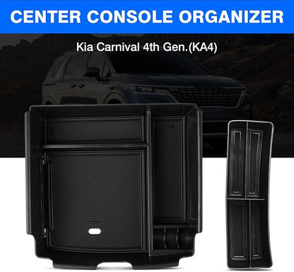 Autorder 2PCS Center Console Organizer for Kia Carnival 2022-2025 2026 Accessories Armrest Storage Box Secondary Insert Tray with Black Anti-Slip Mat（Front Tray + Armrest Organizer）