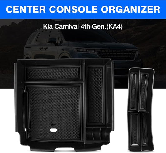 Autorder 2PCS Center Console Organizer for Kia Carnival 2022-2025 2026 Accessories Armrest Storage Box Secondary Insert Tray with Black Anti-Slip Mat（Front Tray + Armrest Organizer）