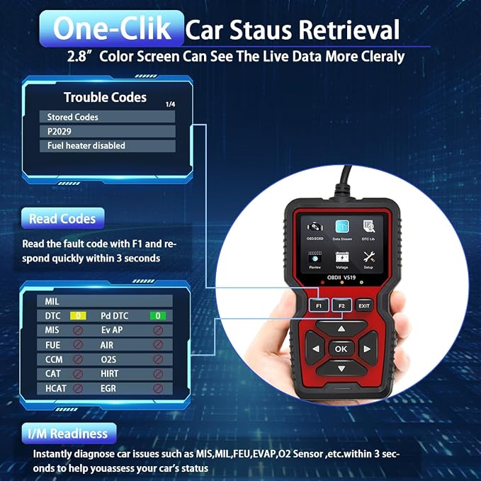 OBD2 Scanner Diagnostic Tool - Check Engine Light Code Reader, Reset Function, Data Stream, I/M Readiness, Full Features, Modes 6 & 8, for All 1996+ Vehicles