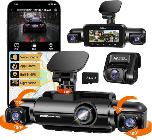 Neideso 360° Dash Cam Front and Rear Inside, 4 Channel FHD 4 * 1080P, Wi-Fi GPS Voice Control Car Camera, Front 2K+1080P*2 Dash Camera for Cars, with 64GB SD Card, Night Vision, 24H Parking Mode(N300)
