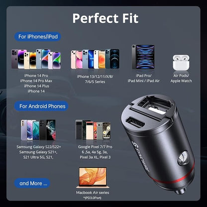USB C Car Charger Syncwire 60W [PD 30W & QC 30W] USB Car Charger Adapter Fast Charging [Super Mini & All Metal] for iPhone, Samsung, Google Pixel, XiaoMi, Huawei, LG, iPad Road Trip Essentials