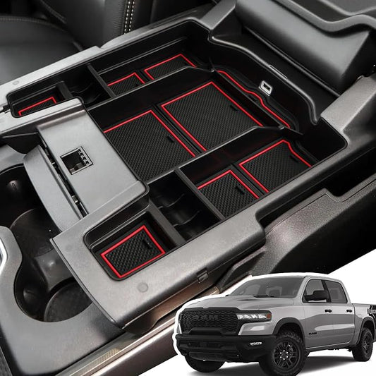 Center Console Organizer for 5th Gen 2026 2025-2019 Ram 1500 2500 3500(Full Console w/Bucket Seats Only), ABS Storage Box, Middle Console Tray Organizer, Insert Container Pallet-Red