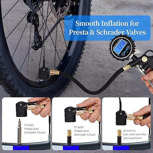 Digital Bike Tire Pressure Gauge, Presta Valve Adaptor, Schrader to Presta Valve Adapter for Air Compressor, Schrader Valve Adapter, Easiest Use Presta and Schrader Air Compressor Tool