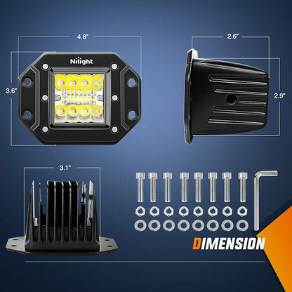 Nilight 2PCS 42W Flush Mount LED Pods Spot Flood Combo Beam Driving Backup Reverse Light Grill Mount with Wiring Harness Kit -2 Leads (ZH413)