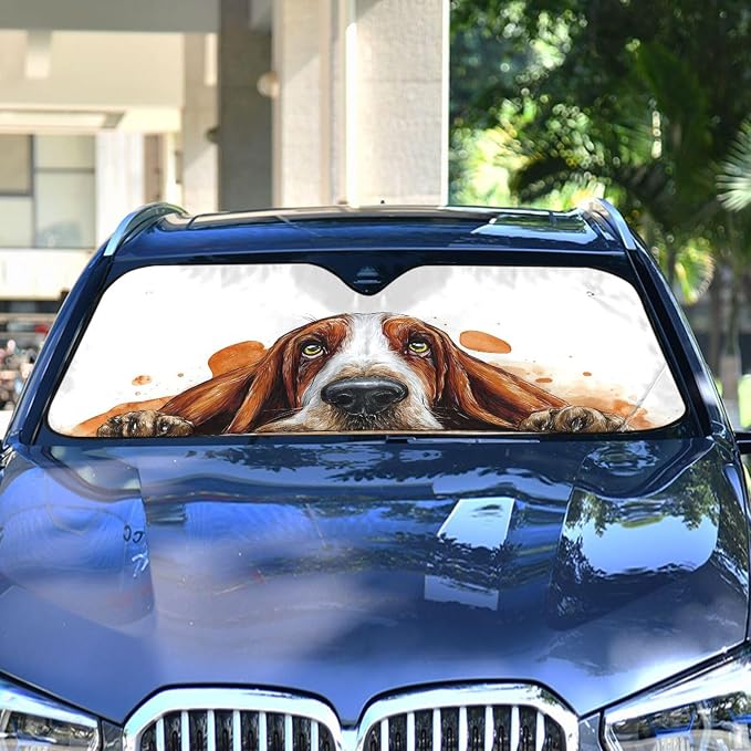 Basset Hound Windshield Sun Shade Basset Hound Sunshade Auto Blocks UV Rays Visor Protector Funny Dog Accordion Folding Sun Reflector Auto Sunshade for Car Truck SUV to Keep Your Vehicle Cool