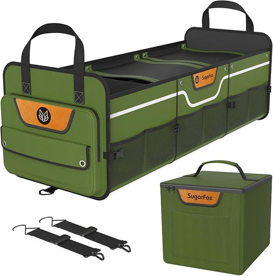 SugarFox Car Trunk Organizer for SUV, Heavy Duty Waterproof Trunk Organizer, Foldable Collapsible Car Organizer with Cooler, Multi-Compartment Large Trunk Organizer (95L), Green-M003
