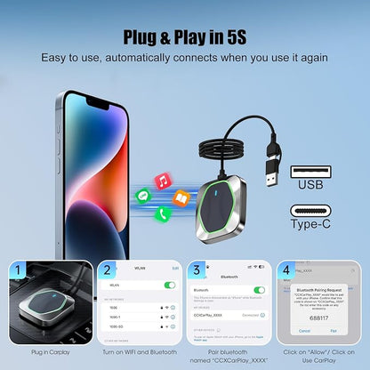 Wireless CarPlay Adapter for iPhone,Convert Wired to Apple CarPlay Wireless Adapter, Plug and Play, with 60CM Extension Cable USB & Type-C, Connection Stable No Delay