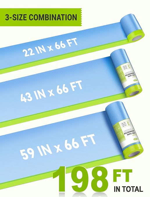 SARDVISA Pre-Taped Masking Film for Painting, 59/43/ 22 in * 66 FT, 3-Rolls Painters Plastic Sheeting with Widened Paint Tape and Drape for Covering Walls, Windows, Cars & Furniture Protection