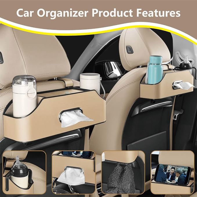 Backseat Car Organizer with 2 Drink Cup Holder - Tissue Holder - Car Seat Hooks for Headrest - Multi-functional Storage for Travel - Perfect for Kids, Adults(Beige)