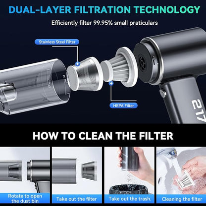 Car Vacuum Cordless Portable with Brushless Motor,16000PA Suction Power, 3-in-1 Compressed Air Duster & Air Blower & Pump Wireless Mini Handheld Cleaner for Home, Car, Pet, Office