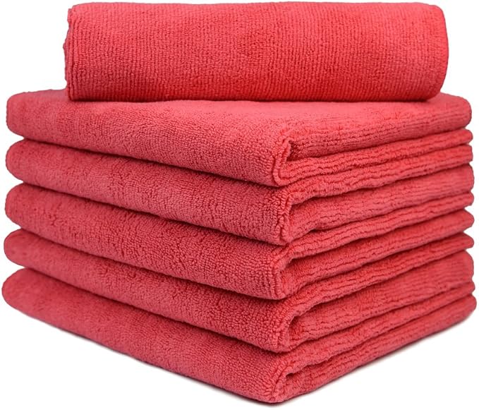 CARCAREZ Premium Microfiber Detailing Towels, 340 GSM Lint Free Car Buffing Waxing Polishing Drying Towels (6, Red, 16x16 Inch)