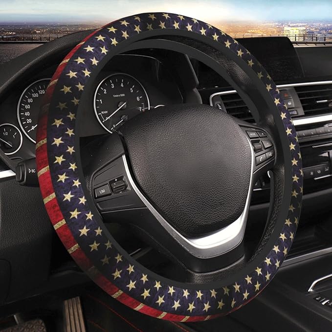 Car Steering Wheel Cover with Anti-Slip Lining, Universal 15 inch Wheel Cover, Fashion Car Interior Accessories for Women Men - Vintage American Flag
