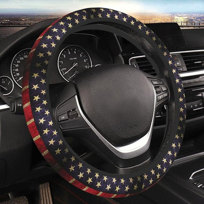 Car Steering Wheel Cover with Anti-Slip Lining, Universal 15 inch Wheel Cover, Fashion Car Interior Accessories for Women Men - Vintage American Flag