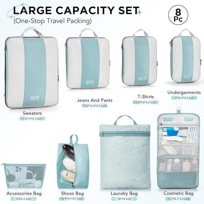 OlarHike 8 Set Compression Packing Cubes for Travel Essentials,Compressible Expandable Space Saver Bags for Organizing Clothes,Luggage Suitcase Garment Bags with Over 1000 pcs Mesh Holes(Blue Gray)