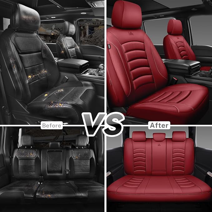 CAR PASS 3D Foam PU Leather Car Seat Covers, Universal Seat Covers Full Sets for Trucks SUV Sedan Automotive Seat Covers Armrest Airbag Compatible Waterproof Comfortable Faux Nappa Leather Burgundy