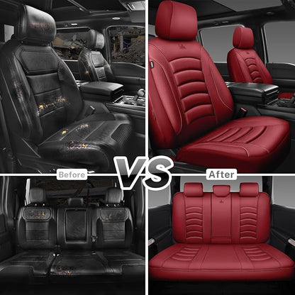 CAR PASS 3D Foam PU Leather Car Seat Covers, Universal Seat Covers Full Sets for Trucks SUV Sedan Automotive Seat Covers Armrest Airbag Compatible Waterproof Comfortable Faux Nappa Leather Burgundy