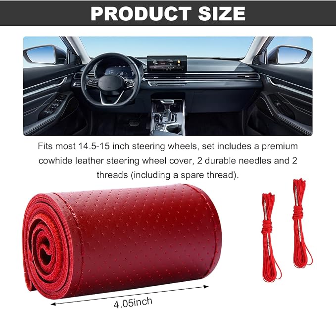 Wevdn Genuine Leather Steering Wheel Cover, Stitch on Wrap, DIY Sewing Steering Wheel Protector, 15 Inch Breathable Non-Slip Steering Wheel Protector, Car Accessories (Red, Full Hole)