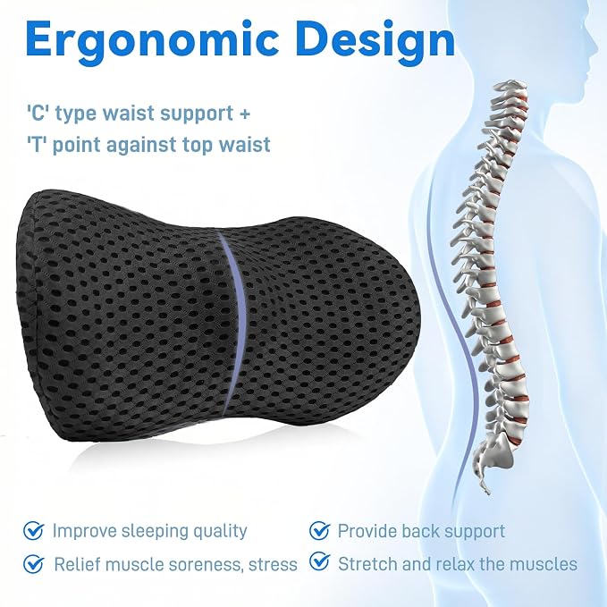 Lumbar Support Pillow, Memory Foam Lumbar Pillow for Office Chair and Car Seat, Back Pillow for Lower Back Pain Relief, Back Support Pillow for Sitting, Driving, Traveling (Dark Black)