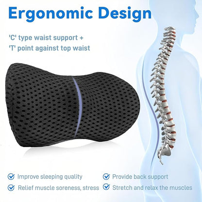 Lumbar Support Pillow, Memory Foam Lumbar Pillow for Office Chair and Car Seat, Back Pillow for Lower Back Pain Relief, Back Support Pillow for Sitting, Driving, Traveling (Dark Black)