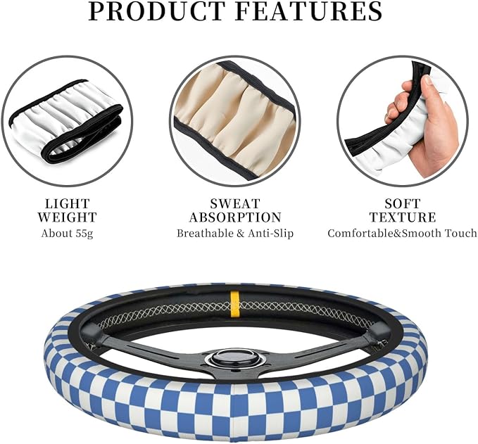 Blue Checkered Steering Wheel Cover for Women, Universal Auto Steering Wheel 14-15 Inch Car Interior Accessories with 2PCS Car Coasters, Suitable for Men and Women