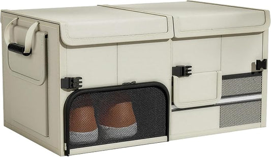 Foldable Car Trunk Organizer with Multi-Compartment – Expandable 30-60L Storage Bin, Side Mesh Pockets, Waterproof 600D Oxford Cloth, Car Accessories for SUV/Truck/Sedan, Beige, 23.6"x13.0"x11.8"