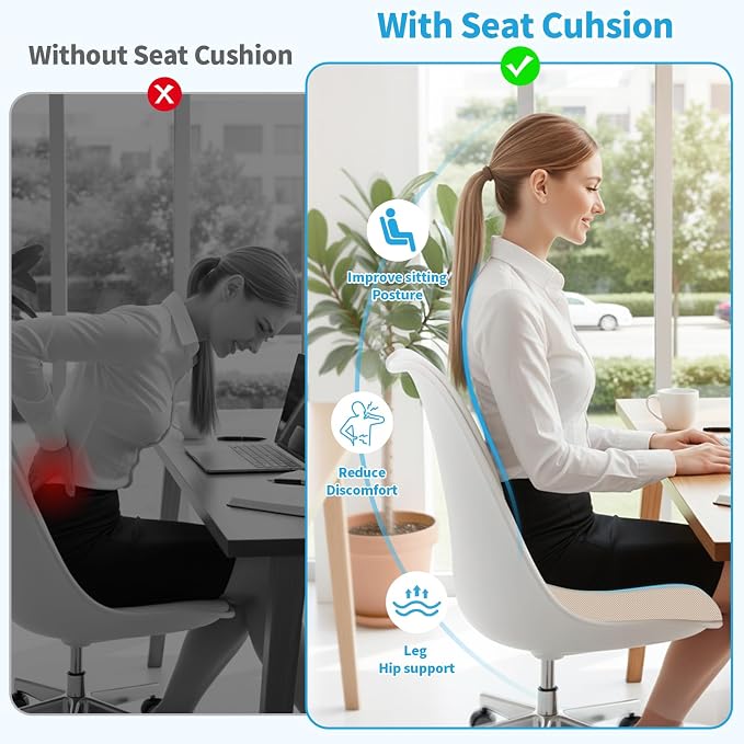 TranquilRelax Large Seat Cushion, Memory Foam Cushion for Long Sitting Hours on Office Chair, Home & Car, Non-Slip Chair Pad for Relieving Back & Sciatica & Hip & Coccyx Pain (Khaki)