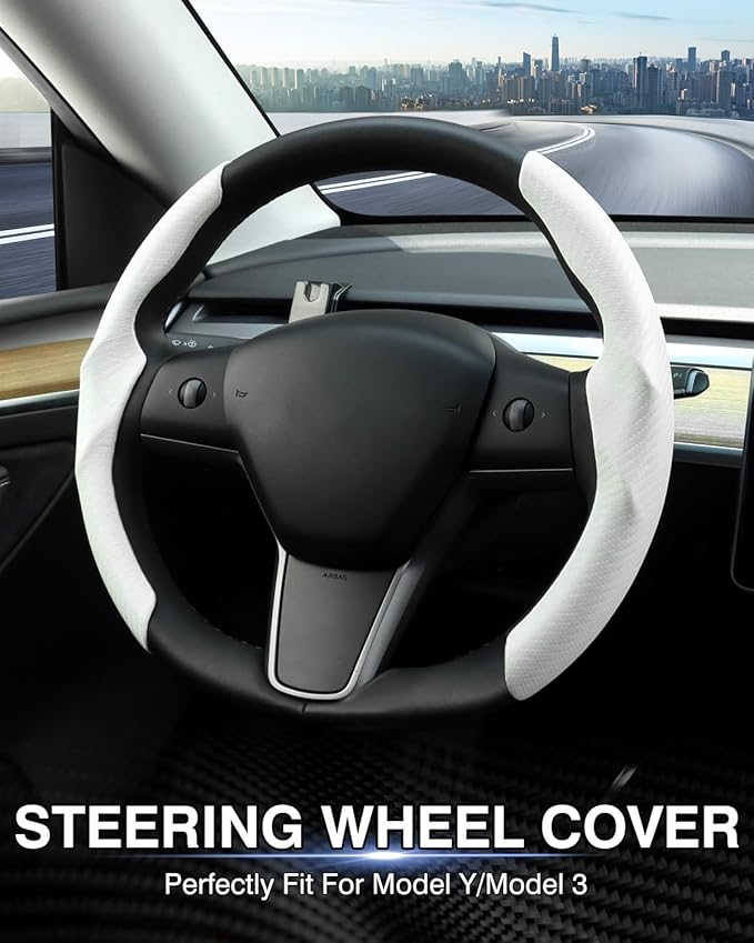 Canvcle Steering Wheel Cover for Tesla Model 3/Y 2016-2025 2026 Highland/Juniper Accessories Carbon Fiber Steering Wheel Cover Protector Non-Slip, Comfortable, Breathable, Model 3/Y Accessories, White