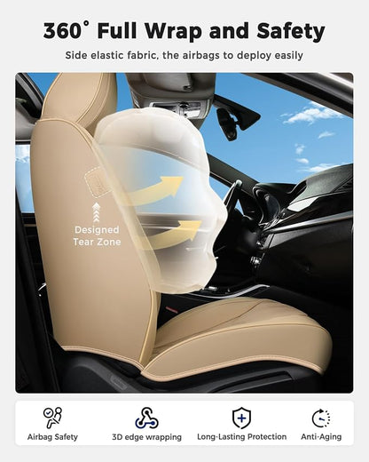 Huidasource Front Seat Covers, Universal Fit for Most Cars SUV Trucks, Full Coverage Leather Seat Cover, Airbag Compatble, Seat Function Retain, Storage Pocket Design, Easy to Install, Beige