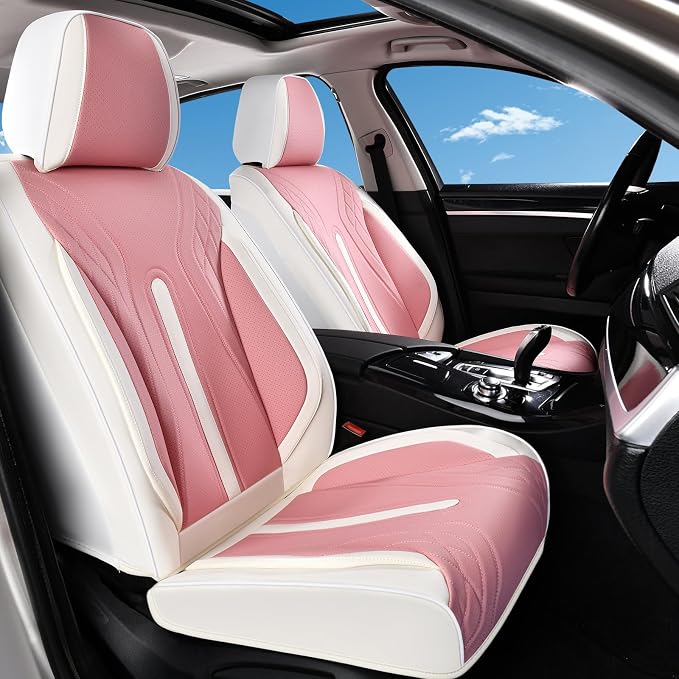 Huidasource Car Seat Covers Full Set, Universal Fit for Most Cars SUV Trucks, Full Coverage Nappa Leather Seat Cover, Airbag, Cupholder Compatible, Seat Function Retain, White&Pink