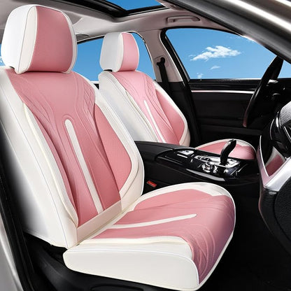 Huidasource Car Seat Covers Full Set, Universal Fit for Most Cars SUV Trucks, Full Coverage Nappa Leather Seat Cover, Airbag, Cupholder Compatible, Seat Function Retain, White&Pink