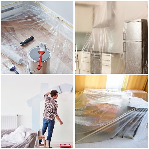 4 Pcs 9.8Ft x 65.6 Ft Plastic Painting Drop Film, Tape and Drape Dust Plastic Drop Cloth, Pre-Taped Masking Film for Automotive Painting Covering