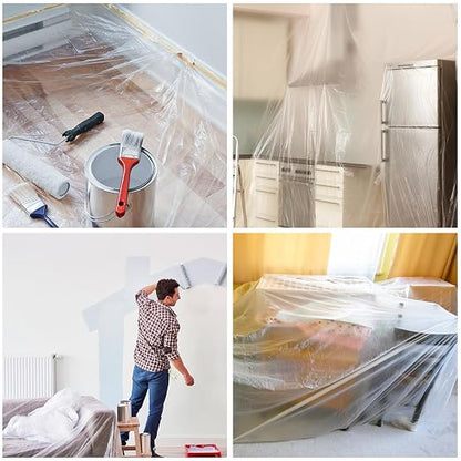 4 Pcs 9.8Ft x 65.6 Ft Plastic Painting Drop Film, Tape and Drape Dust Plastic Drop Cloth, Pre-Taped Masking Film for Automotive Painting Covering