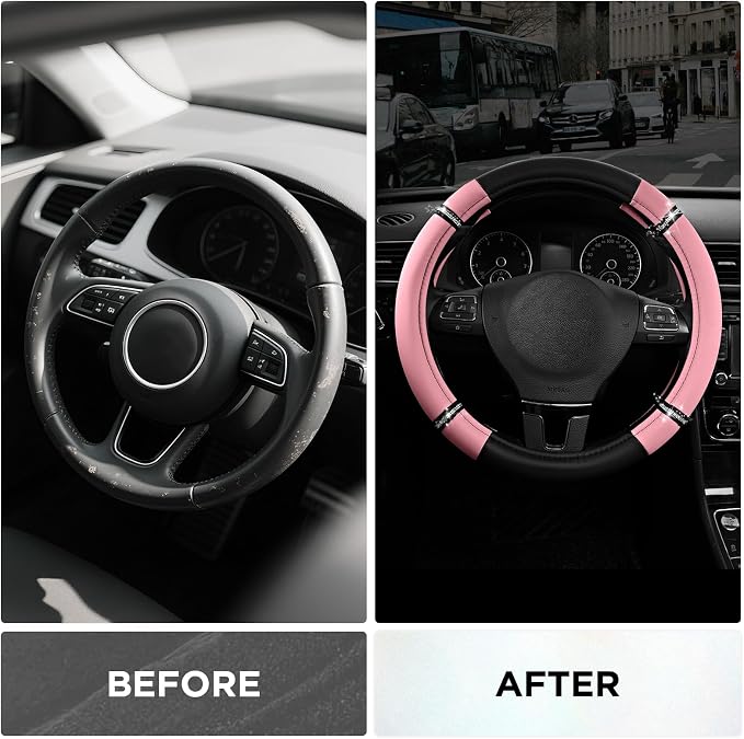 Road Comfort Leather Steering Wheel Cover – Premium Anti-Slip Car Steering Wheel Grip Cover – Universal Fit for 14.5”–15” Cars, Trucks & SUVs - Pink