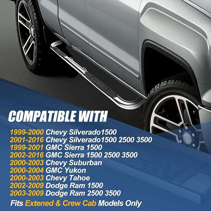 Auto Dynasty 3" Running Boards for 1999-2016 Silverado Sierra Yukon Tahoe Ram Extended Crew Cab, Stainless Steel Nerf Bar, Polished Chrome Side Step