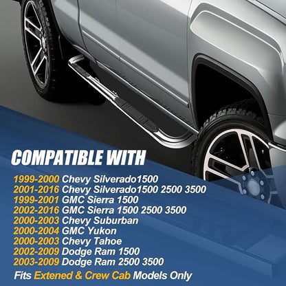 Auto Dynasty 3" Running Boards for 1999-2016 Silverado Sierra Yukon Tahoe Ram Extended Crew Cab, Stainless Steel Nerf Bar, Polished Chrome Side Step