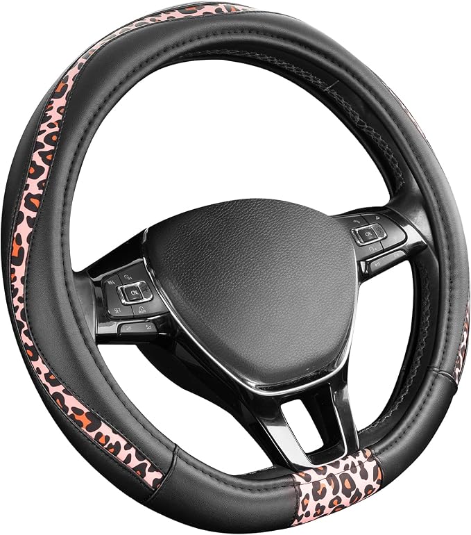 Road Comforts Steering Wheel Cover - Flat Bottom Wheel Cover Made with PVC Leather and Pink Leopard Fabric - Universal Fit for 15-Inch D-Shaped Automotive Steering Wheels (Pink Leopard)