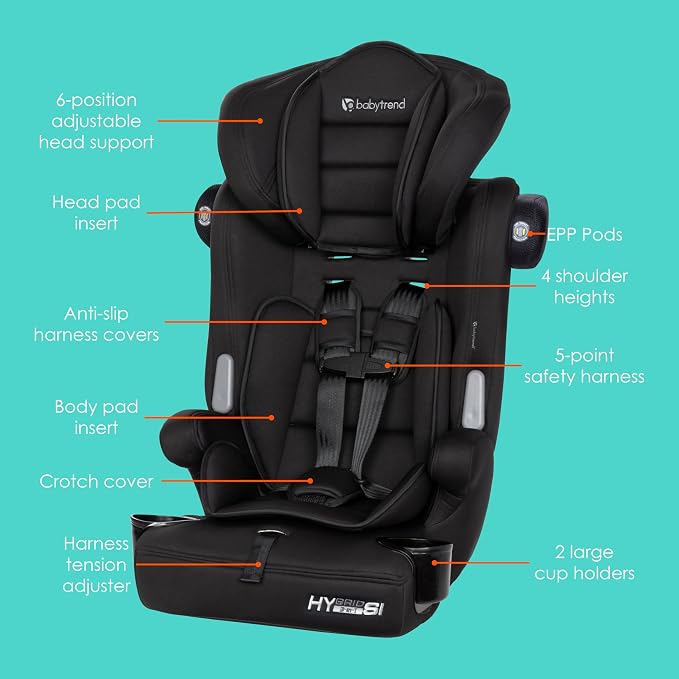 Baby Trend Hybrid SI 3-in-1 Combination Booster Seat, Hoboken Black – Side-Impact Protection, 3-Stage Growth Design, Adjustable Headrest, Cushioned Comfort