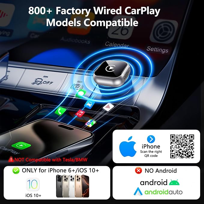 2025 Upgraded Wireless CarPlay Adapter for iPhone | Ultra-Mini Metal, Convert Wired to Wireless, Bluetooth 5.3 Fast Stable Connection, Plug & Play, 800+ Factory CarPlay Wired Cars, iOS 10+