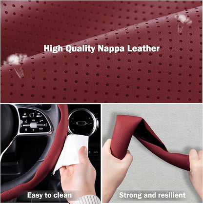 Nappa Leather Car Steering Wheel Cover for Men Women, Ultra-Thin Non-Slip Breathable Microfibre, Universal for 14.5"-15" Steering Wheel - Wine Red