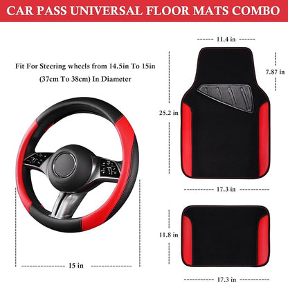 CAR PASS Faux Leather Steering Wheel Cover and Waterproof Car Floor Mats,Universal Car Combo Fit for 95% Sedan,SUV,Cars,14.5-15inch Sporty Anti-Slip Safety Comfortable Design(Black＆Red)