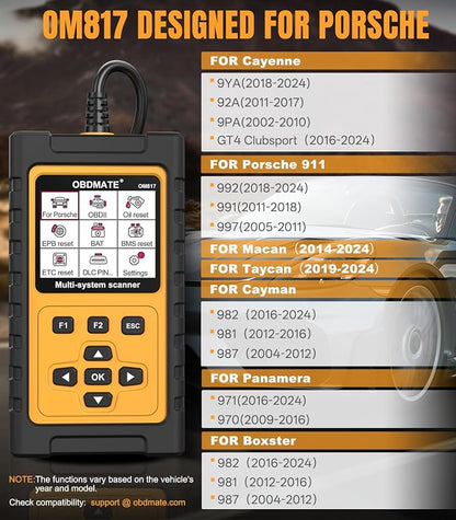 OBD2 Scanner for Porsche, OM817 Full System Diagnostic Tool, 10 Popular Reset Services, Read&Clear Codes, Auto VIN, Battery Test, One-Key I/M Readiness, No Subscriptions Lifetime Update