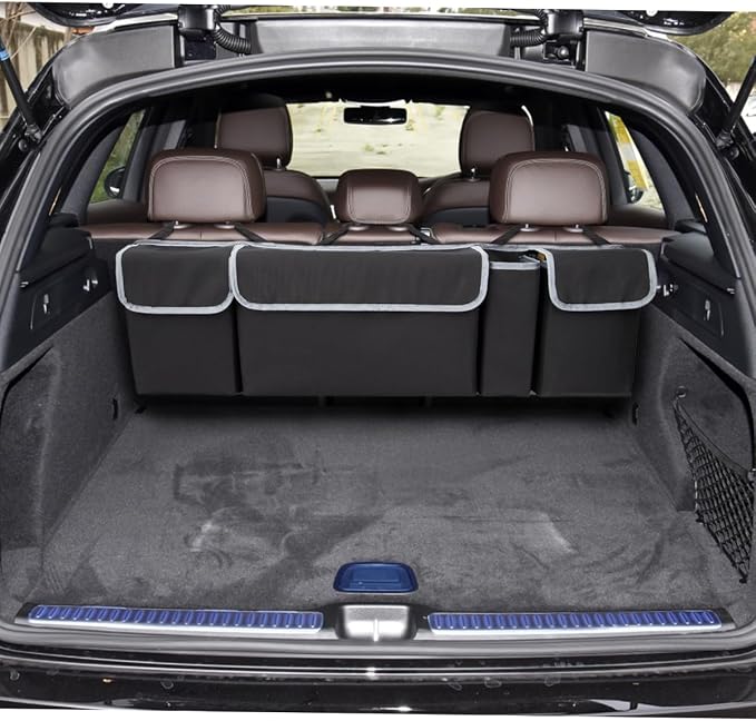 Osilly Car Trunk Organizer with Lid, Backseat Hanging Storage Bag with 4 Pockets & 3 Adjustable Straps, Waterproof PVC Collapsible Cargo Bag, Car Interior Accessories for Auto SUV MPV